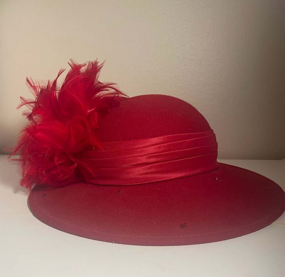 Betmar New York Red Wool Hat With Feather And Rhinestones